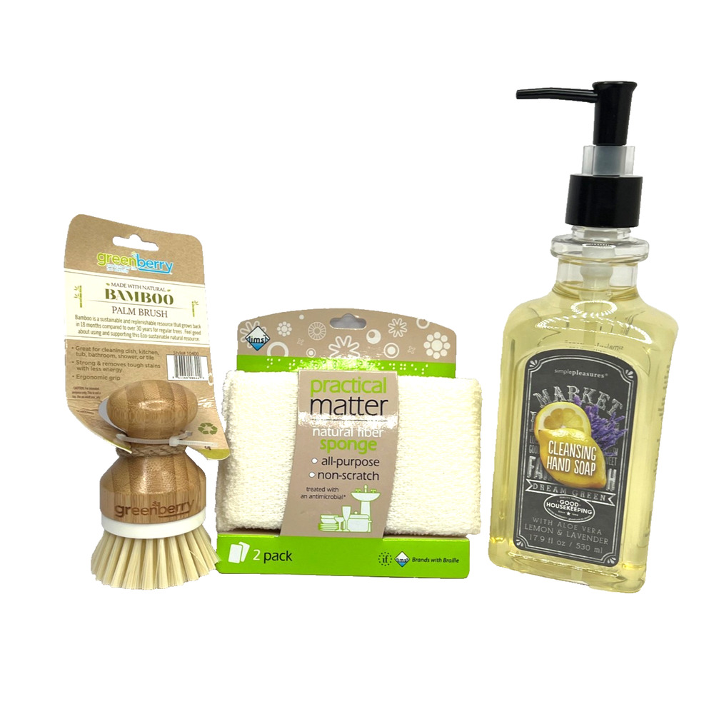 Kitchen Essentials Gift Set 4 Pc 1 Bamboo Palm Brush, 1 Hand soap, 2 Sponges